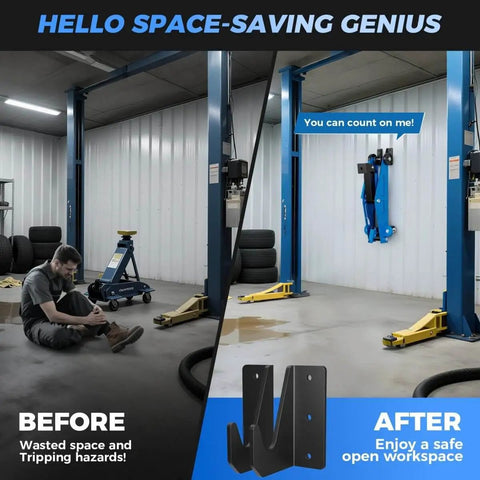 Before and after view of Heavy Duty Wall Mount Jack Stand Organizer Rack for Hydraulic Floor Jacks and Trailers installed in garage