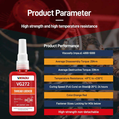 Orange High Temp Heavy Duty High Strength Threadlocker For Metal Bolts And Nuts 230 C Heat And Harsh Chemical Resistant Permanent Locking Adhesive Industrial Size 1.69 Oz 50 Ml VG272 VIKAGU bottle with product parameters.