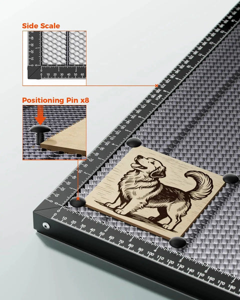 Honeycomb Laser Bed 300x300mm For Diode CO2 Fiber Laser Engravers With Aluminum Backing Plate showing side scale and positioning pin