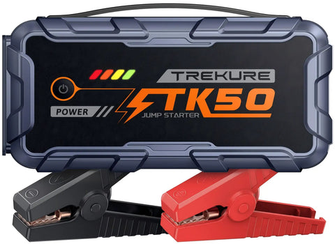 All In One 6000A Jump Starter Booster Pack With 26800mAh Portable Power Bank For All Gas Cars And 12L Diesel Safe Jumper Cables Fast Charge And 800 Lumen LED Light showing front view with jumper cables.