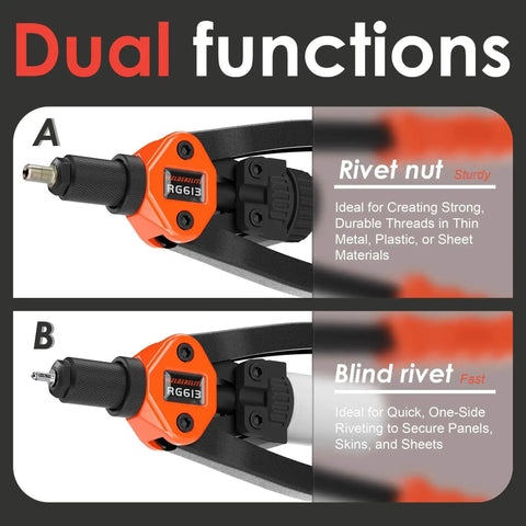 Dual Function Rivet Nut Tool Kit With 405 Rivet Nuts Blind Rivets 15 Mandrels And 5 Nozzles Multipurpose Riveting Gun functions