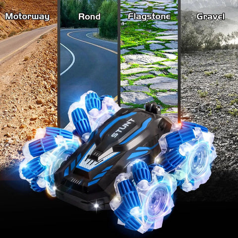 Gesture Sensing 4WD RC Stunt Car With 360 Degree Double Sided Flips Bright Lights And Music 2 4Ghz Remote And Gravity Watch Control Off Road Modes on various terrains