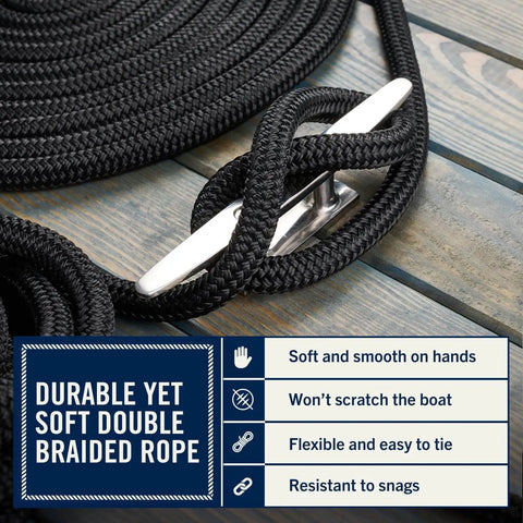 Two Pack Fifty Foot Dock Lines For Boat Docking With Loop Three Quarter Inch Heavy Duty Premium Double Braided Nylon Mooring Rope