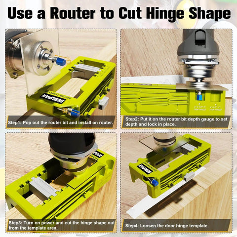 Hinge Mortising Router Template Pro Grade for 3 to 5 Inch Hinges with square and round corner inserts in use on wood surface