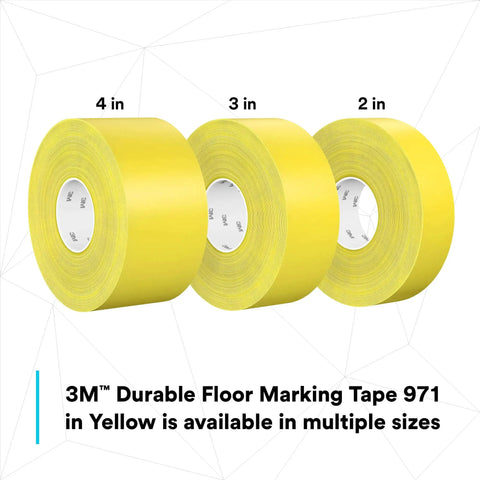 Three rolls of Durable Floor Marking Tape 971 in yellow, showing sizes 4 in, 3 in, and 2 in, with a vivid finish.