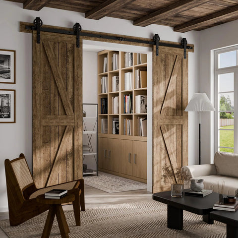 Sliding Barn Door Hardware Kit For Closet Cabinet Track System installed with wooden doors in a living room setup
