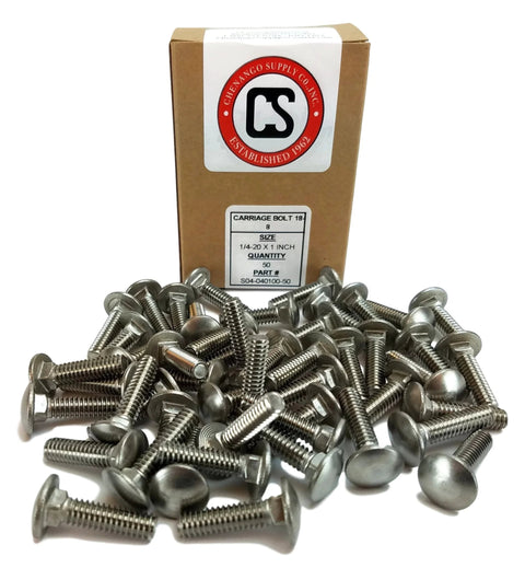 Stainless Steel Carriage Bolt One Quarter Inch By Twenty Threads Per Inch, One Inch Long, 18-8 300 Series Exterior Grade Fastener, Pack Of Fifty, for outdoor projects.