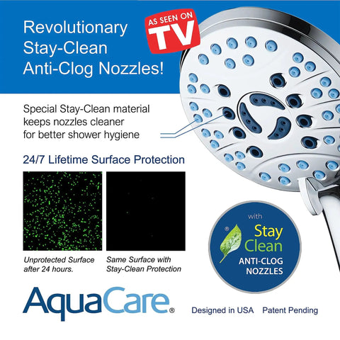 Image of High Pressure 8-Mode Hand Shower With Anti-Clog Nozzles and 6ft Stainless Hose showcasing anti-clog features and Stay-Clean material.
