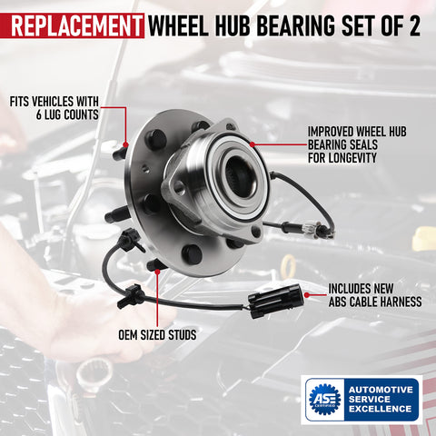 Set Of 2 Wheel Hub Bearing Assembly For 6 Lug 4X4 SuvS With ABS Sensor Cable Fits Chevy Cadillac GMC Escalade Avalanche Silverado Suburban Tahoe Sierra 1500 Yukon Replaces 515036 15112382 951008, featuring OEM studs and ABS cable.