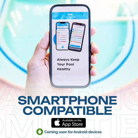 Hand holding smartphone displaying AI app for All In One Pool And Spa Water Test Kit With AI Powered App No Fuss Thick Strips.