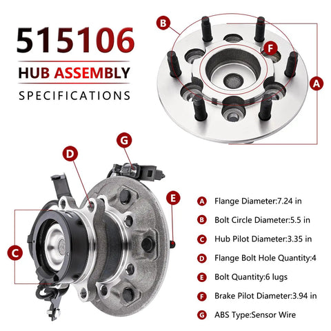 Front and side view of Front Left Wheel Hub Bearing Assembly for Chevy Colorado 2004-2008, GMC Canyon 2004-2008, with specs