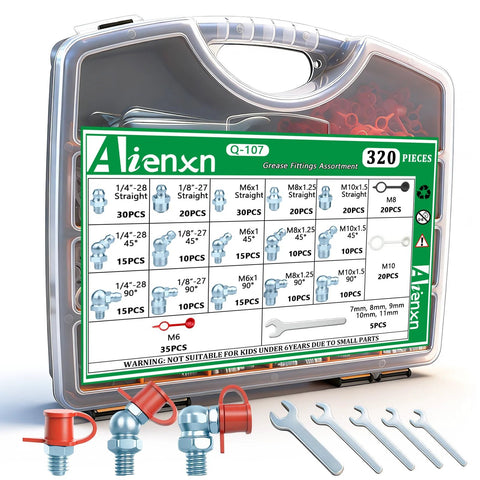 Aienxn 320pc grease fittings set in box; SAE & Metric Zerk, straight/45/90, 1/4-28 to M10, caps, 7-11mm wrenches