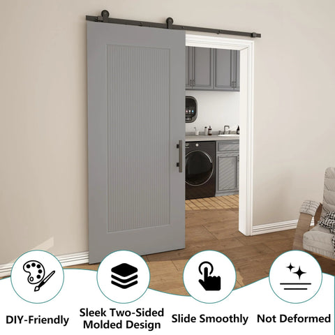 36x84 Reeded White Primed Sliding Barn Door With Matte Black 6ft Hardware Kit Built Tough For Closets And Living Spaces installed view