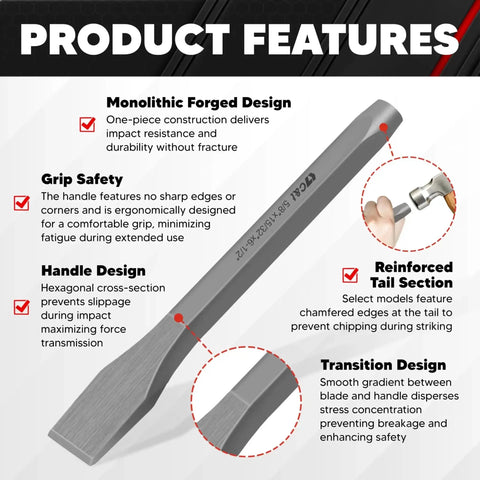 Heavy Duty Cold Chisel Set Three Piece 3/8 1/2 5/8 Inch For Carpentry, Metalworking, Woodworking, And Masonry Work Built For Tough Jobs Chrome Vanadium Steel 54 58 HRC Hardness For Long Lasting Performance shown in infographic highlighting features