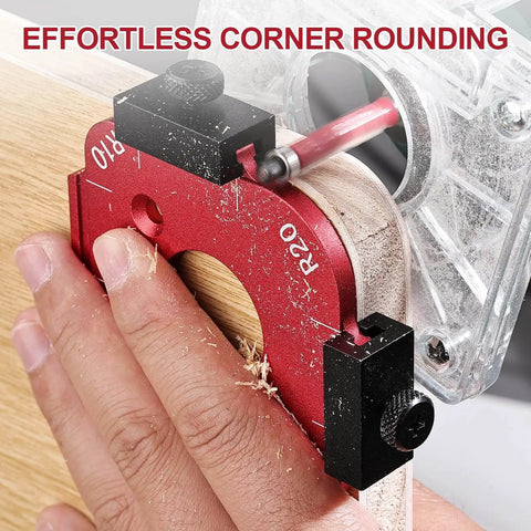Close-up of 2 Pack Router Corner Radius Template Kit in use, rounding wood corner with aluminum jig, compatible with handheld routers.