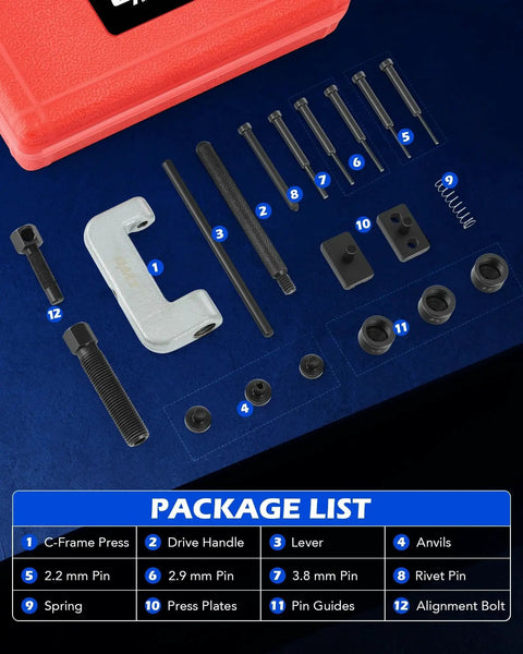 Beefed Up Chain Breaker Tool Kit With C Frame For Quick Chain Link Removal 19 Piece Set Featuring 3 Anvils And 5 Break Tips