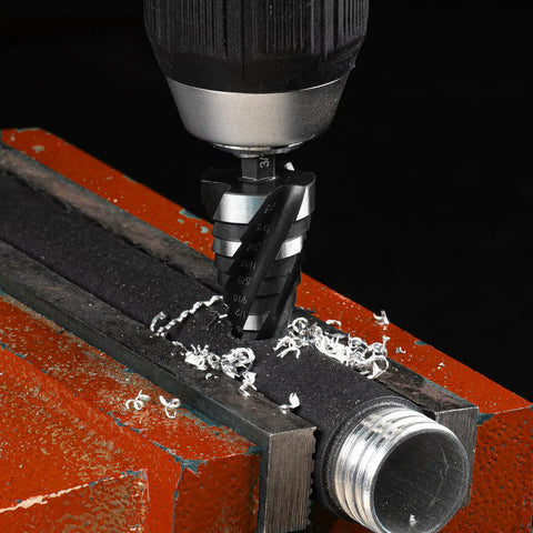 Pro Grade Step Drill Bit Set With Four Spiral Flutes And Countersink Bits In A Sturdy Tool Box For Metal Aluminum Wood And Plastic Featuring Nitrided HSS Bits By Thinkwork in use on a metal rod.