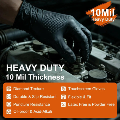 Hand wearing Heavy Duty Nitrile Gloves 10 Mil Diamond Textured Cooking Disposable Latex Free working on an engine