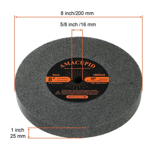 Nylon Fiber Buffing Wheel 8 Inch 9P Hardness With Silicon Carbide Abrasive 180 Grit Five Eighths Inch Arbor for metal polishing