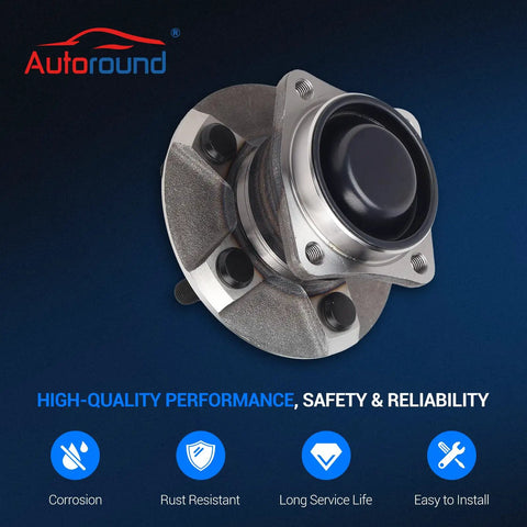 Rear Wheel Bearing And Hub Assembly Fits 2003 To 2008 Toyota Corolla Matrix 2000 To 2005 Toyota Celica And 2003 To 2008 Pontiac Vibe FWD Non ABS 5 Lug Left And Right Rear Replacement With Drop In Easy Install product image on blue background highlighting features such as corrosion and rust resistance, long service life, and easy install instructions, under the Autoround brand.