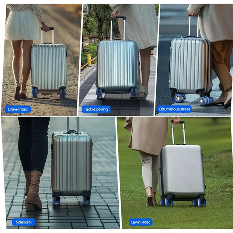 Upgrade Luggage Wheel Covers 8 Pack installed on suitcase wheels in various terrains, showcasing wear-resistant silicone protection.