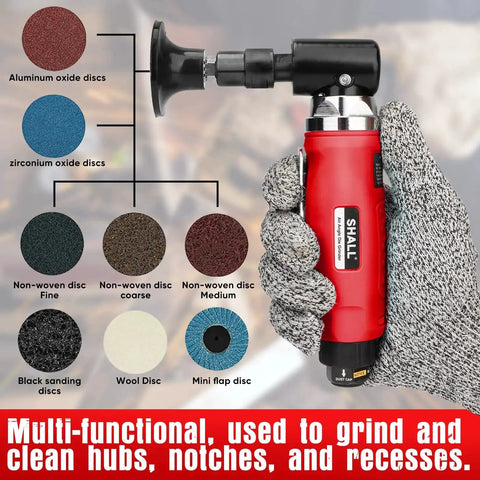 Right Angle Die Grinder Kit With 90 Degree Head 1/4 Inch And 1/8 Inch Collets 24 Sanding Discs Air Connector Lubricant And Chuck Keys Included 20,000 RPM Perfect For Grinding Polishing Deburring Engraving And Rust Removal held in gloved hand