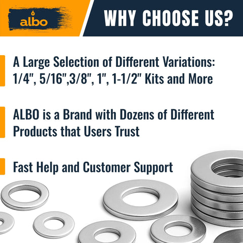 ALBO stainless steel fender flat washers, 3/8 x 1-1/4 inch, for bolts and screws; silver finish with stacked washers.