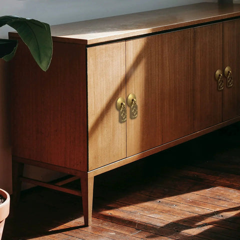 Mid-century wooden cabinet with Flower Box Brass Cabinet Pulls Set of 2, 2.1 Inch Length Brass Hardware Handles For Cabinets And Furniture.