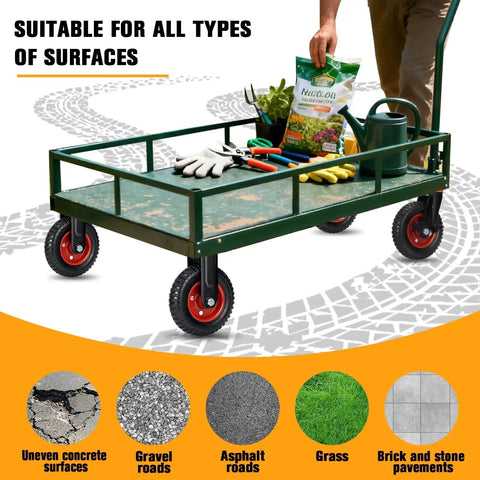 Green trolley with heavy duty 8 inch by 2 inch casters set of 4 with 3600 lb total capacity on various surfaces including grass and gravel.
