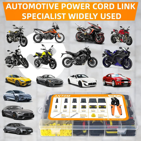 709 Piece Waterproof Wire Connector Kit With Self Adjusting Ratcheting Crimp Tool For Automotive Wiring displayed with cars and motorcycles