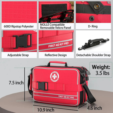 Comprehensive Home First Aid Kit With 324 Piece Medical Supplies for Emergency, red bag with MOLLE, detachable shoulder strap and compartments.