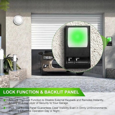 Wall Mount Garage Door Control Panel Switch For Plug And Play Opener Setup installed on garage wall with green backlit display.
