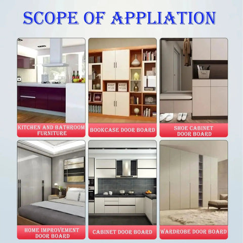 Various cabinet and door boards for home improvement displayed in six different styles and applications