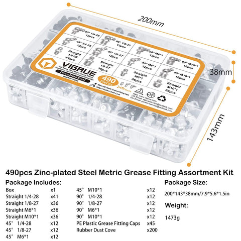 VIGRUE 490Pcs grease fittings kit in plastic case; zinc-plated steel SAE & metric zerks, straight 1/4-1/8, M6, M10, 45/90°.