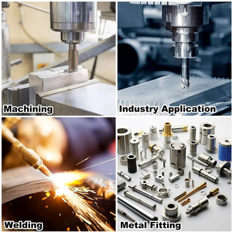 Collage showing machining, industry application, welding, and metal fitting with 5 Pack 4x2x1 Inch Aluminum Flat Bars 6061.