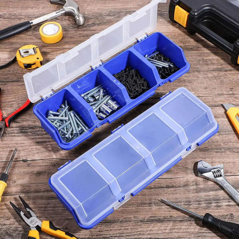 Six Piece Screw Organizer Box With Lids Slanted Opening For Easy Grab And Go Access Four Divider Compartments Locking Latches Handy Garage Toolbox Case For Nails Bolts Small Parts And Hardware filled with screws and small hardware on wooden surface