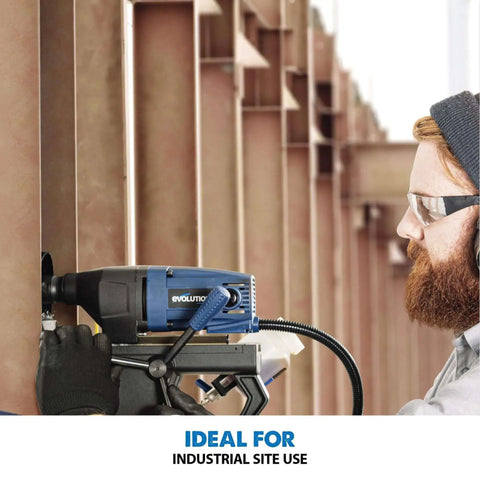 Worker using No Fuss Magnetic Drill Annular Cutter Kit With 12 Pieces For 2 Inch Depth, 7/16 To 1-1/8 Inch Widths, Weldon Shank 3/4 Inch, Carry Case Included, Fits Evolution Power Tools And Most Mag Drills on industrial beam