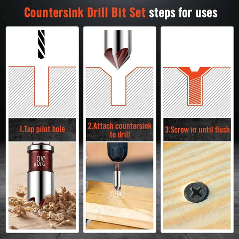 Pro Grade Countersink Drill Bit Set For Wood Metal Plastic With 82 Degree Countersink usage steps illustration