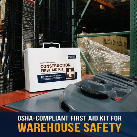 Industrial Grade Metal First Aid Kit For Contractors And Construction Sites With OSHA Compliance displayed in warehouse
