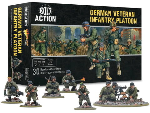 Box and figures of 28mm German Army Veterans Infantry Platoon Plastic Miniatures For Bolt Action War Game display on tabletop