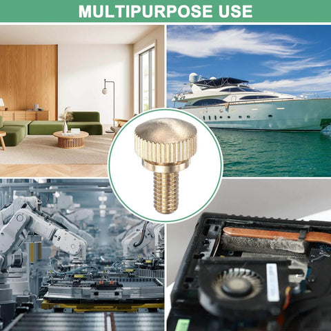 Six Pack Knurled Thumb Screws M6x12mm Solid Brass Round Head Fasteners With Shoulder Grip For Electronics Repair PC Building 3D Printing Furniture Assembly Marine Fittings And Eyeglass Screws shown with various application uses.