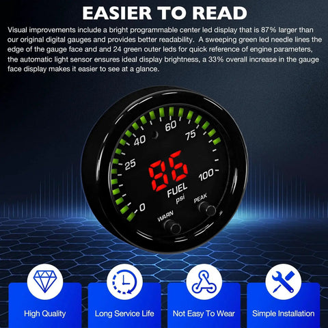 X Series 52mm 2-1/16 Inch Oil And Fuel Pressure Gauge Kit 0-100 Psi 7 Bar With Digital Display detail showing LED readout