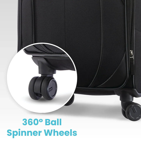 Close-up of rugged wear tested spinner wheels on Lightweight 20 Inch Spinner Carry On Luggage For Quick Getaways, black softside luggage.