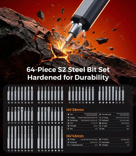 76in1 Mini Electric Screwdriver Set displaying 64-piece S2 steel bit set for electronics and repair