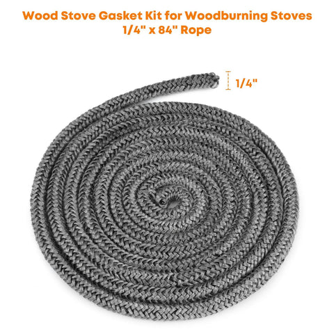 Stanbroil wood stove gasket rope, 1/4 in x 84 in, graphite-impregnated fiberglass rope, coiled on white background