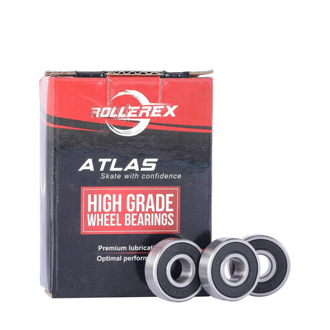 608-2RS Pre Lubricated Skate Wheel Bearings 20 Pack with Rollerex Atlas box, high grade wheel bearings visible