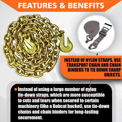 G80 Transport Binder Chain Three Eighths Inch Ten Foot Clevis Grab Hooks Safe Working Load 7100 Lbs For Tie Down Towing features