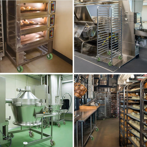 NINOSO high-temperature caster wheels on an industrial oven cart, 4x1.5 in epoxy resin, green wheels.

NINOSO high-temperature caster wheels on a mobile bakery rack cart, 4x1.5 in epoxy resin, green, set of 2.

NINOSO high-temperature caster wheels under an industrial mixer, 4x1.5 in epoxy resin, green.

NINOSO high-temperature caster wheels on bakery shelving, 4x1.5 in epoxy resin, green wheels, set of 2.