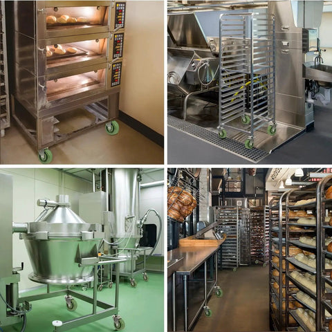 Industrial kitchen with Heavy Duty Industrial Caster Wheels 4 Inch By 1.5 Inch Epoxy Resin High Temperature Wheel Set For Ovens And Racks.