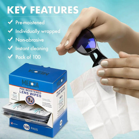 Hand using Premoistened Lens Cleaning Wipes for Glasses, Pack of 100, Streak Free, cleaning sunglasses next to product box.